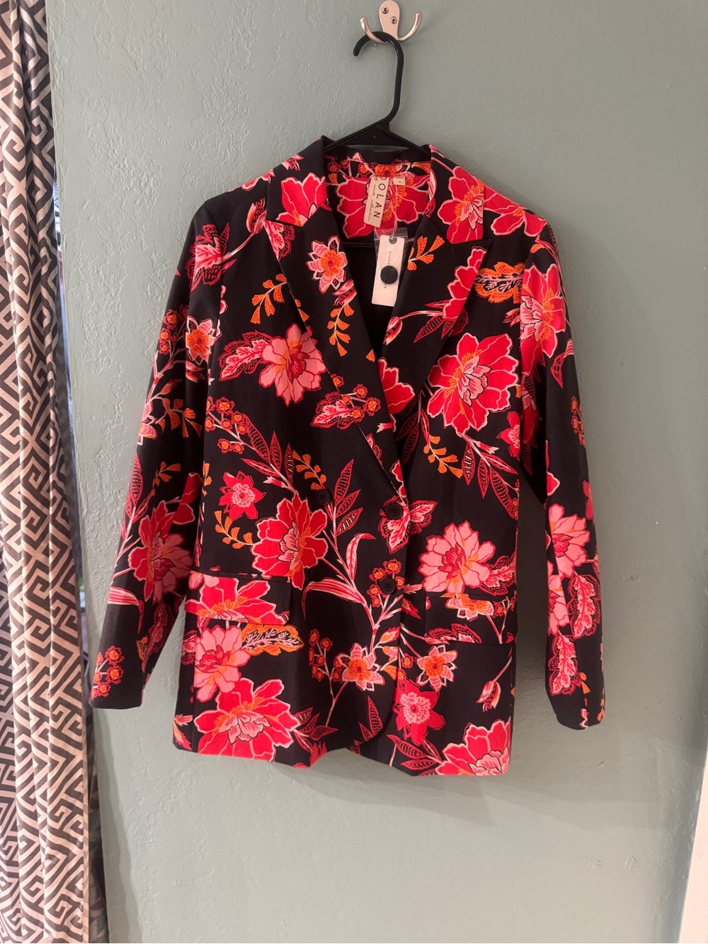 Floral Blazer Jacket - Blue with Pink & Red Flowers - Anthropologie NWT